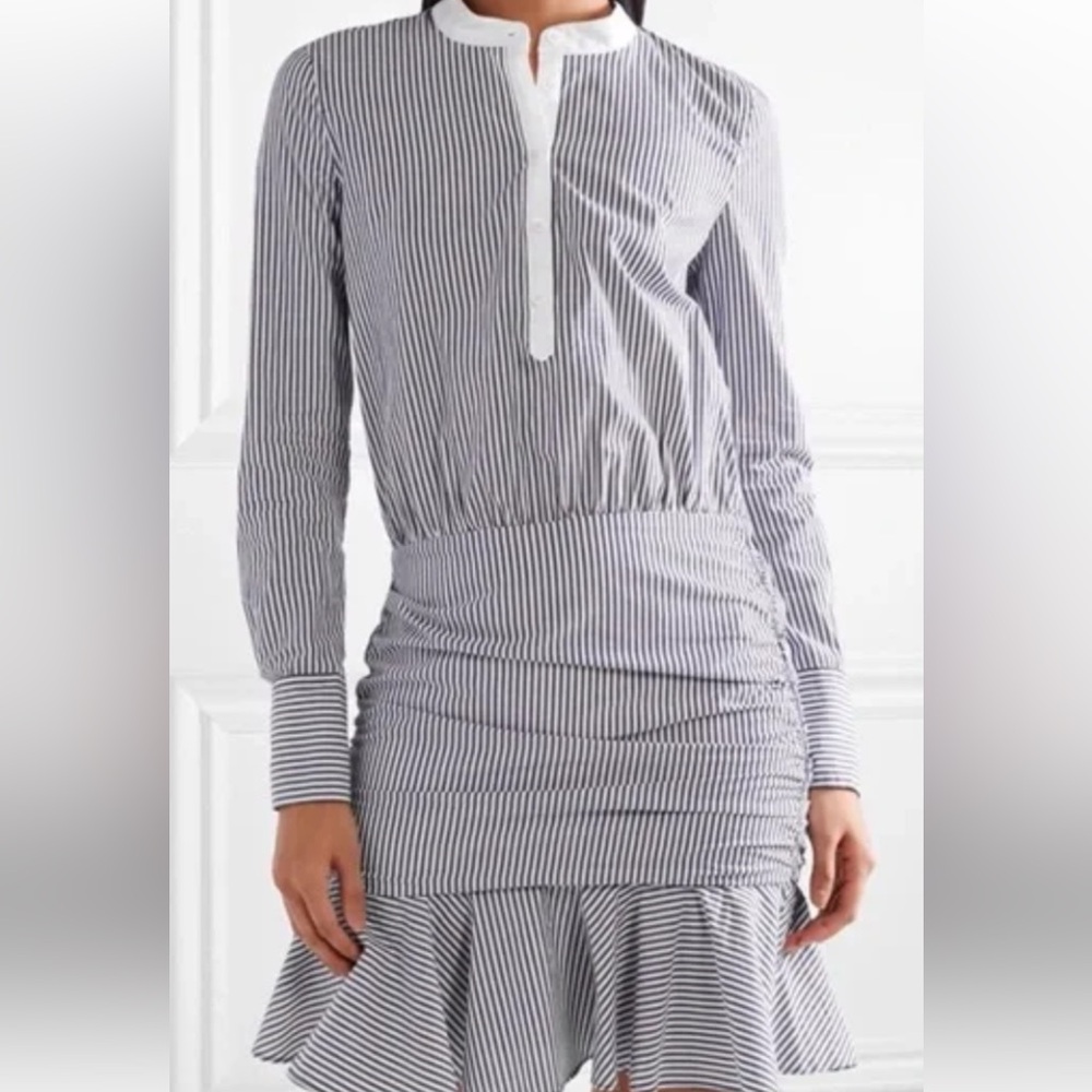 Striped Long Sleeve Shirt Dress - navy  & White